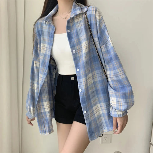 Plaid Shirt Women Autumn Long Sleeve Top Female Vintage Fashion Single