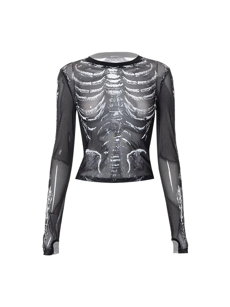 Gothic Punk Shirt 2000s Women Skeleton Pattern Round Neck Long Sleeve