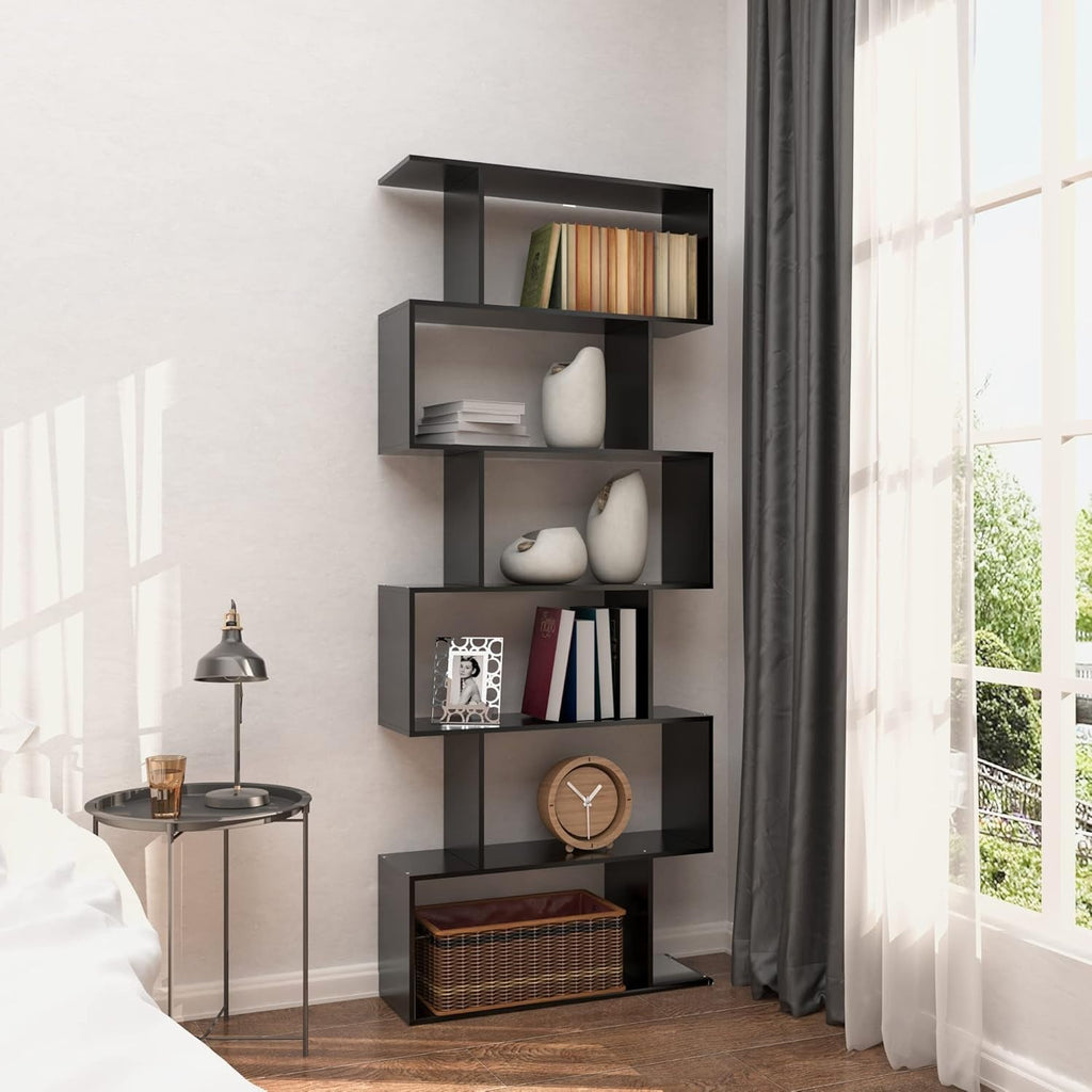 6-Tier Black S-Shaped Modern Geometric Bookshelf