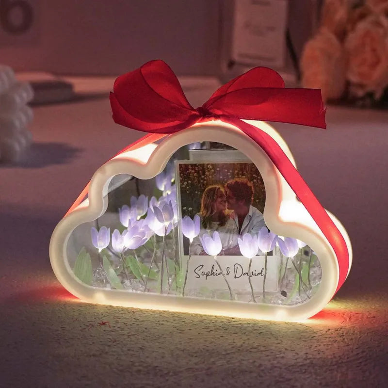 Custom Photo Cloud-shaped Tulip Rectangle Lamp Flower Infinity Mirror Box Infinity Mirror Flower with Your Picture and Text DIY Kit