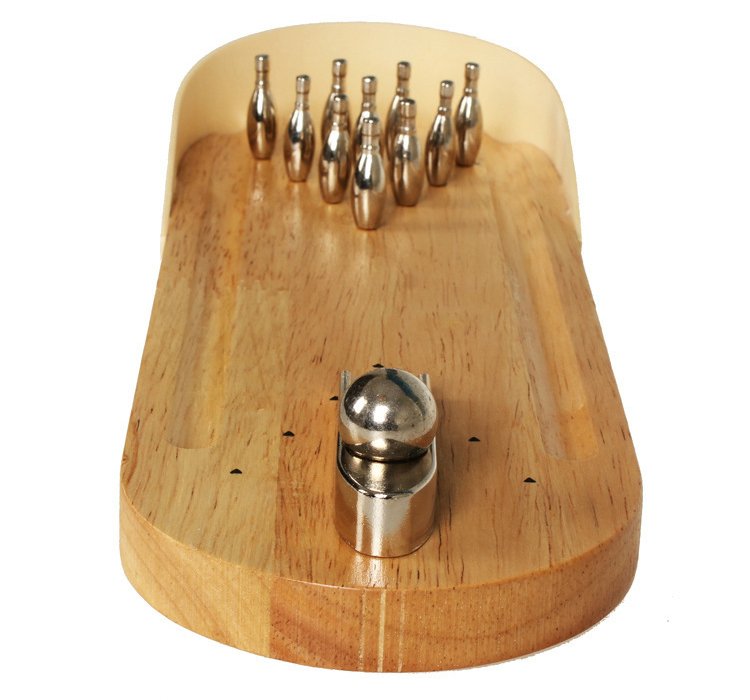 Desktop Wooden Bowling Alley With Movable Ramp For Desk Play Gothic Themed Miniature Game