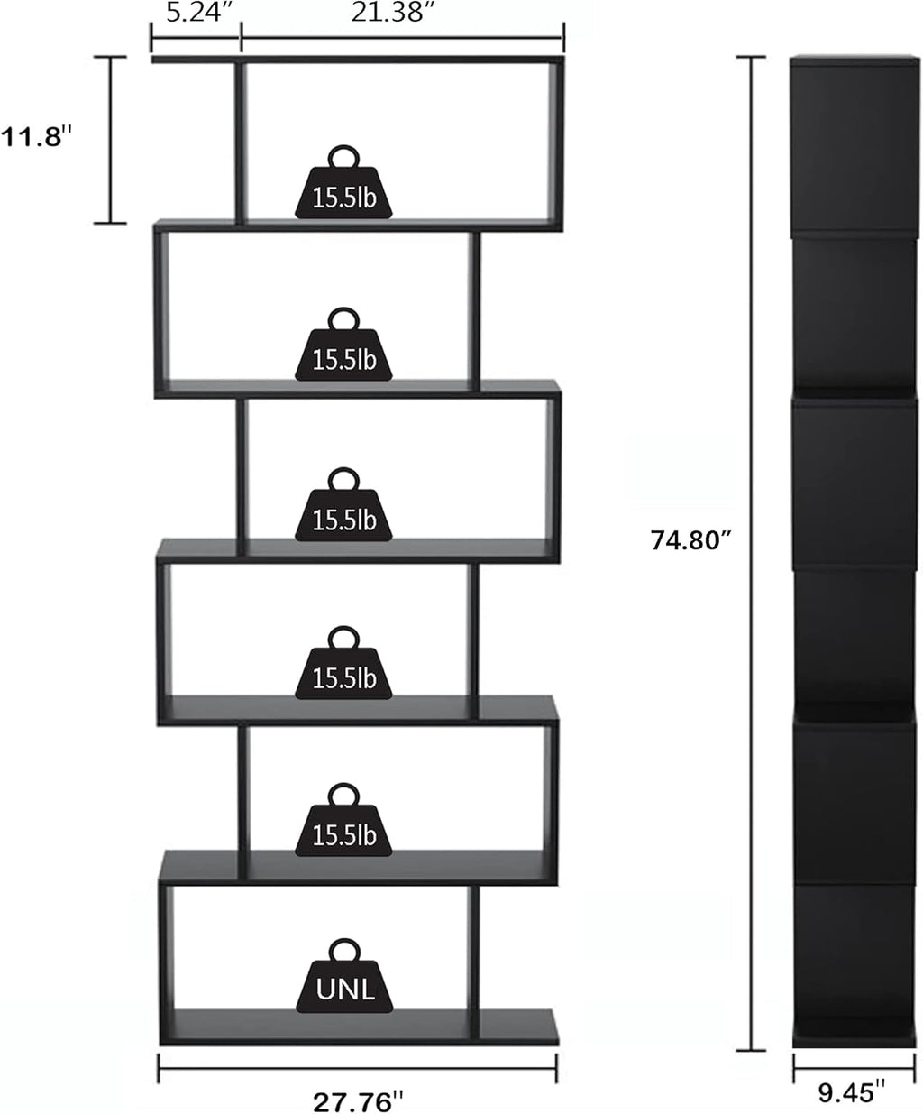 6-Tier Black S-Shaped Modern Geometric Bookshelf