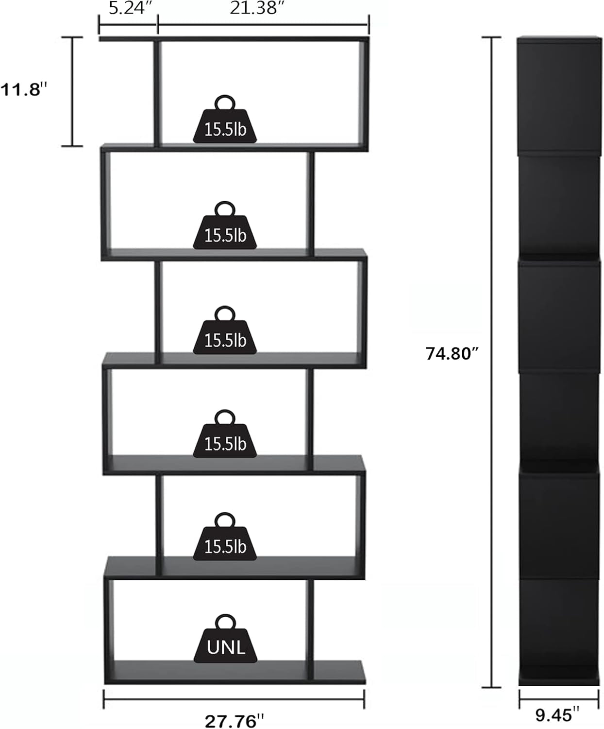 6-Tier Black S-Shaped Modern Geometric Bookshelf