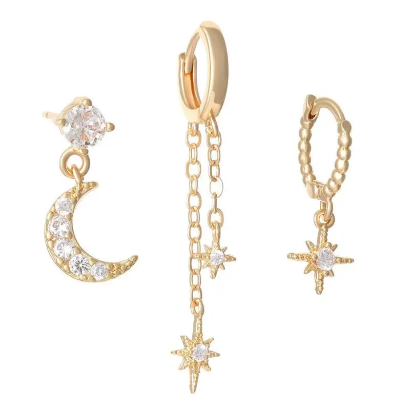 European And American Star Moon Asymmetric Earrings Three-piece Set Ins Fashion Zircon Hoop Earrings Fashion Elegant Jewelry