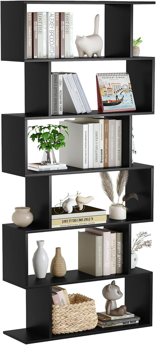 6-Tier Black S-Shaped Modern Geometric Bookshelf