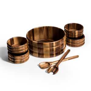Enchanted Acacia Wood Seven Piece Salad Bowl Set With One Large Bowl Four Individual Bowls And Serving Utensils