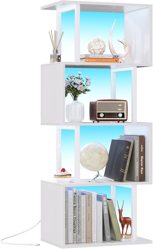 White Geometric Bookshelf with LED Light, 5 Tier S-Shaped Small