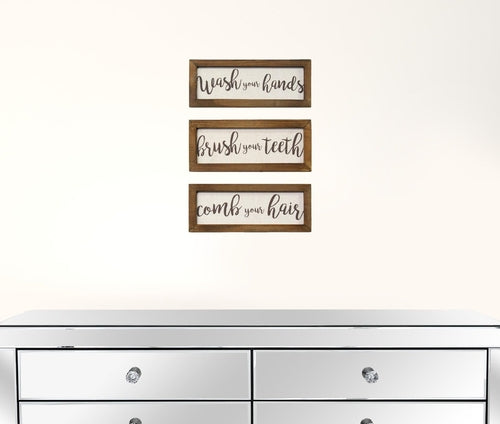 Set of 3 Linen Bathroom Rules Wood Framed Wall Art