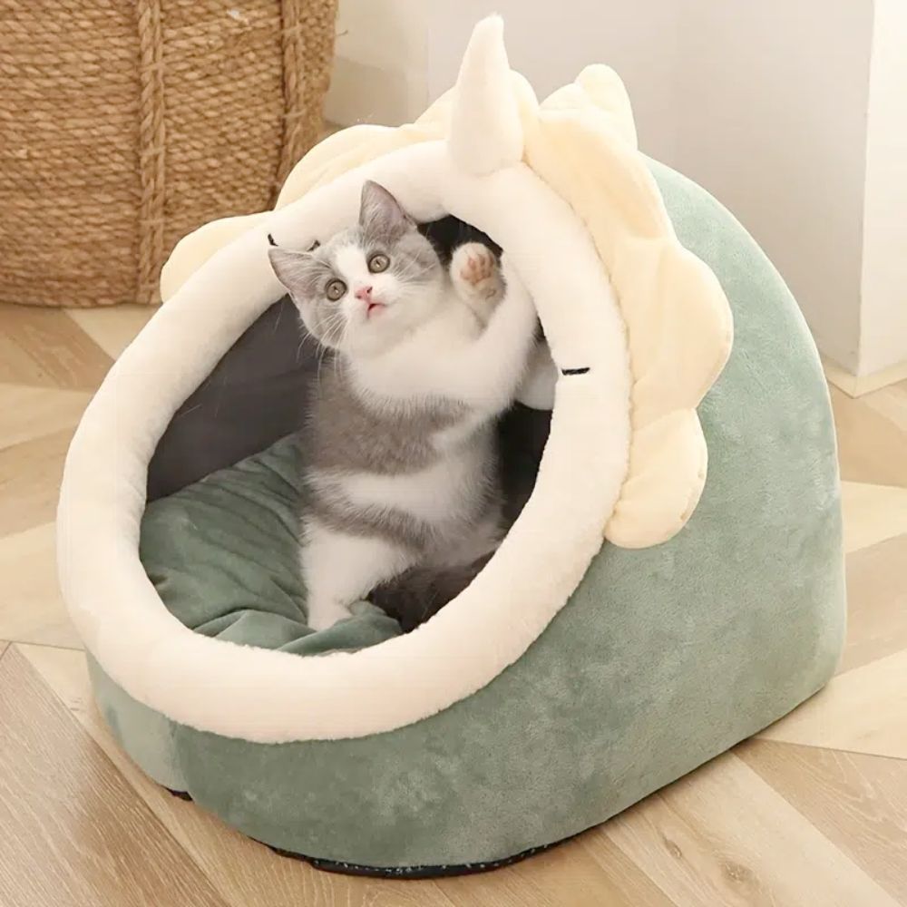 Enchanted Dinosaur Pet House With Cozy Soft Padded Bed And Dangling Toy Ball For Cats And Dogs