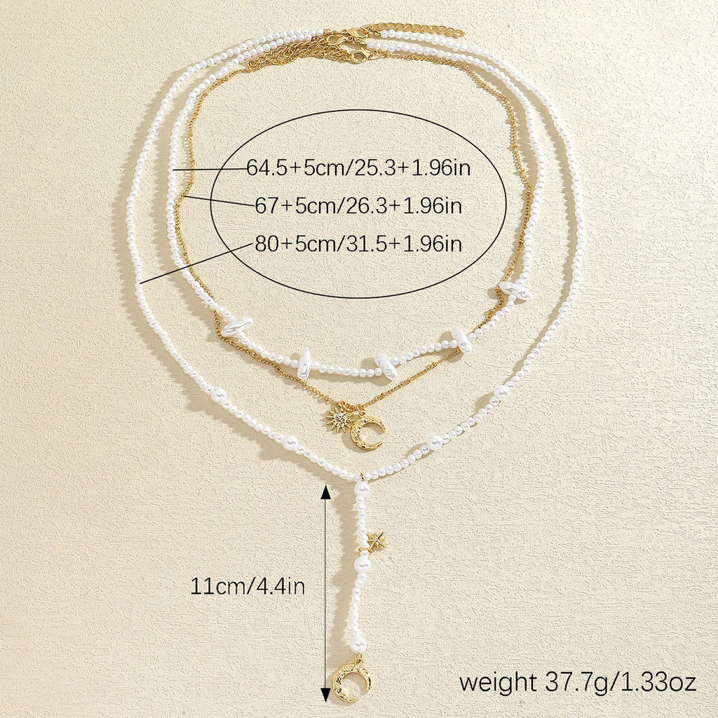 ZAA Multilayer Imitation Pearls Moon And Star Pendant Necklaces for Women Elegant Banquet Party Jewelry Gifts