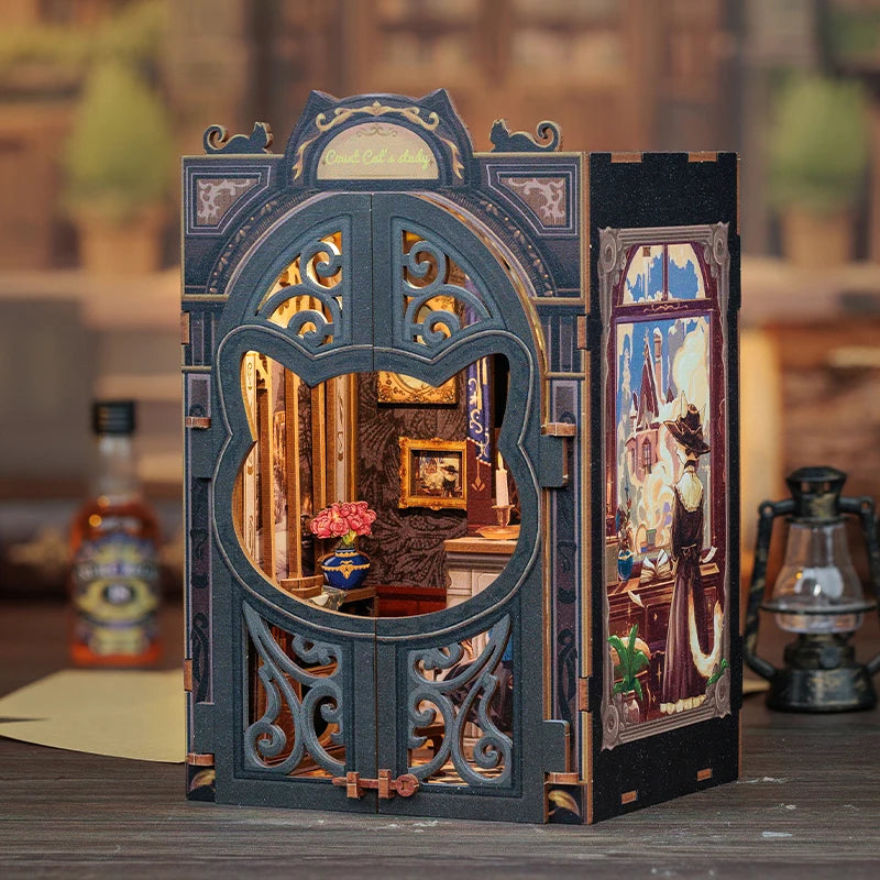 Cutebee DIY Book Nook Kit Enchanted Gothic Lighted Wooden Bookshelf Insert For Book Lovers Gift Set