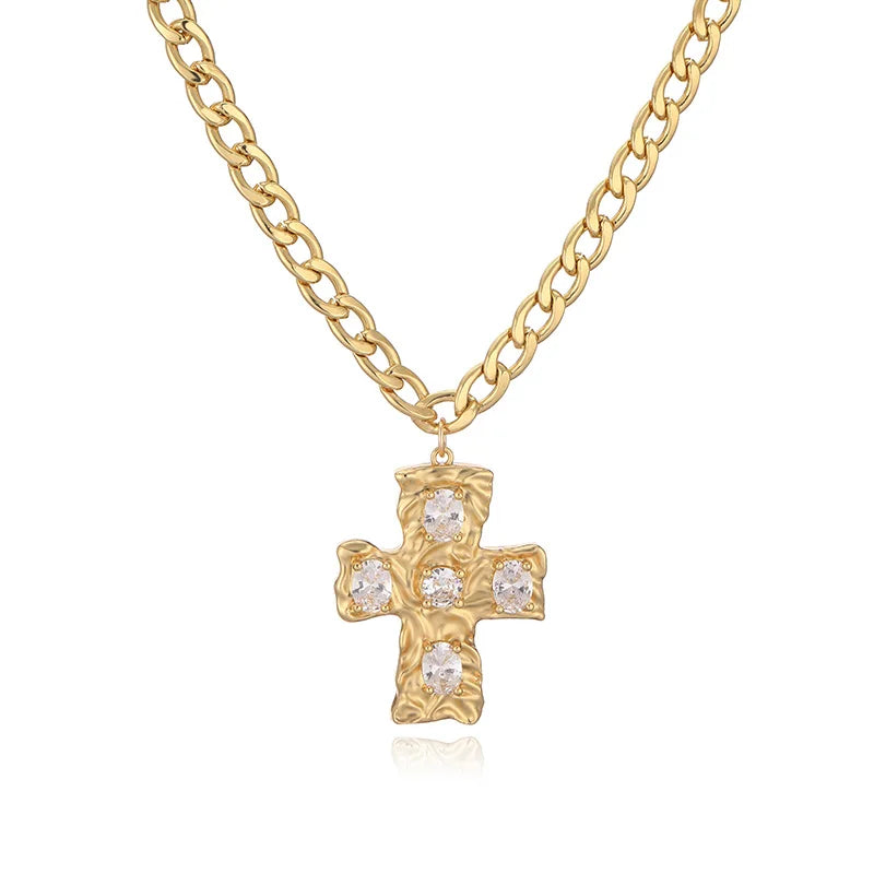 HECHENG,High Quality Punk Retro Hip Hop Cross Moon Pendant with Chunky Chain Unisex Metallic Pendant Necklace