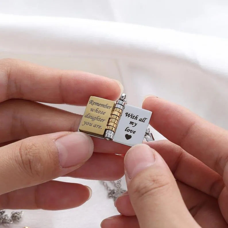 Personalized Text Book Necklace – Adjustable Pendant with Message Inside Meaningful Jewelry