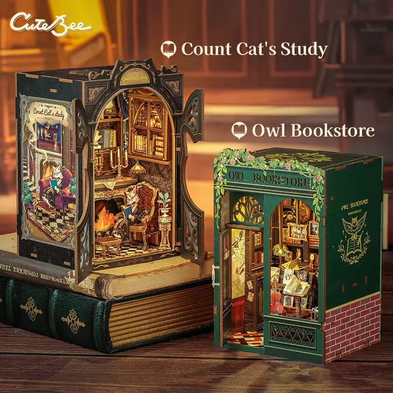 Cutebee DIY Book Nook Kit Enchanted Gothic Lighted Wooden Bookshelf Insert For Book Lovers Gift Set