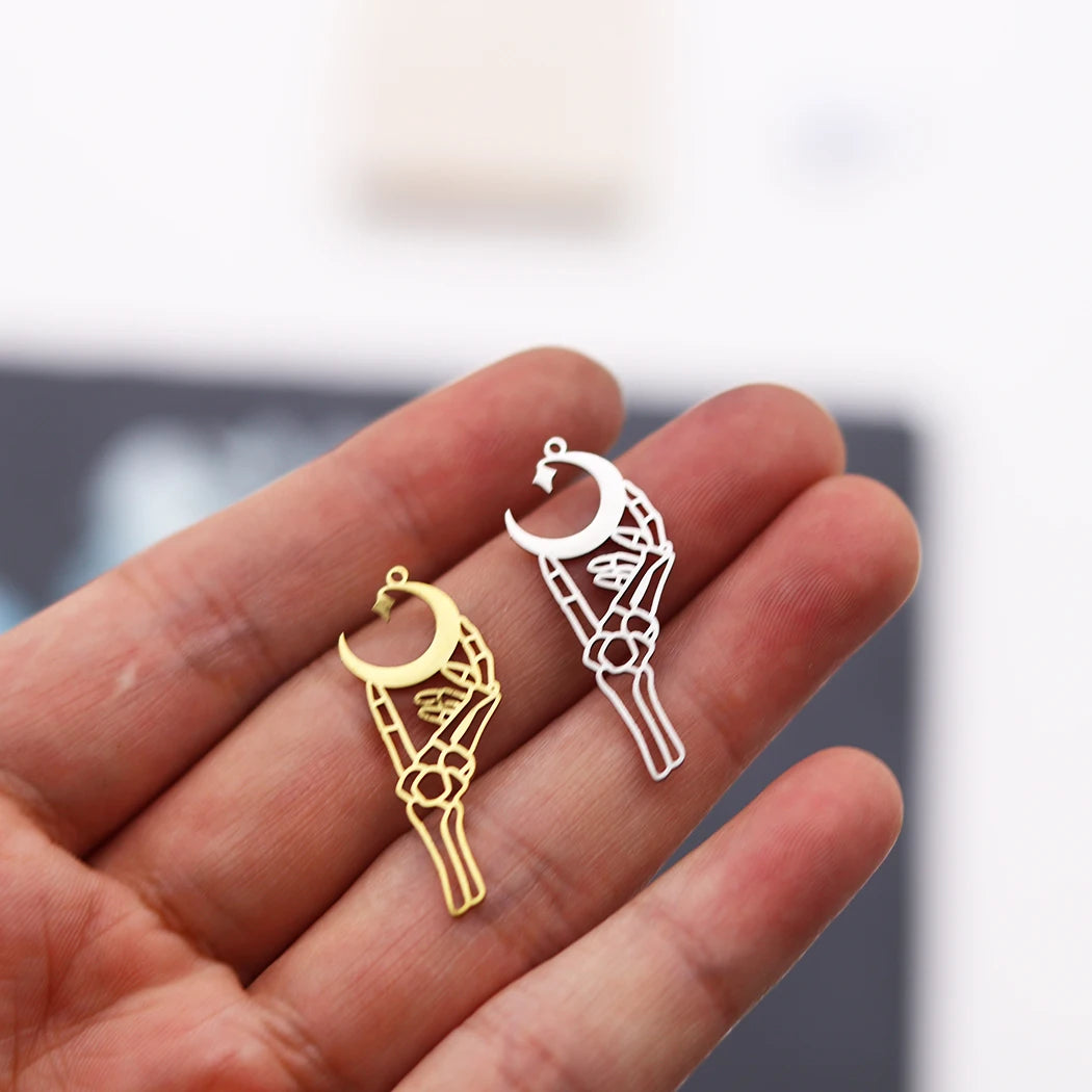 3Pcs Stainless Steel Gothic - style Skeleton Hand Holding Crescent Moon DIY Jewelry Charms Set for Bracelet, Necklace Crafting