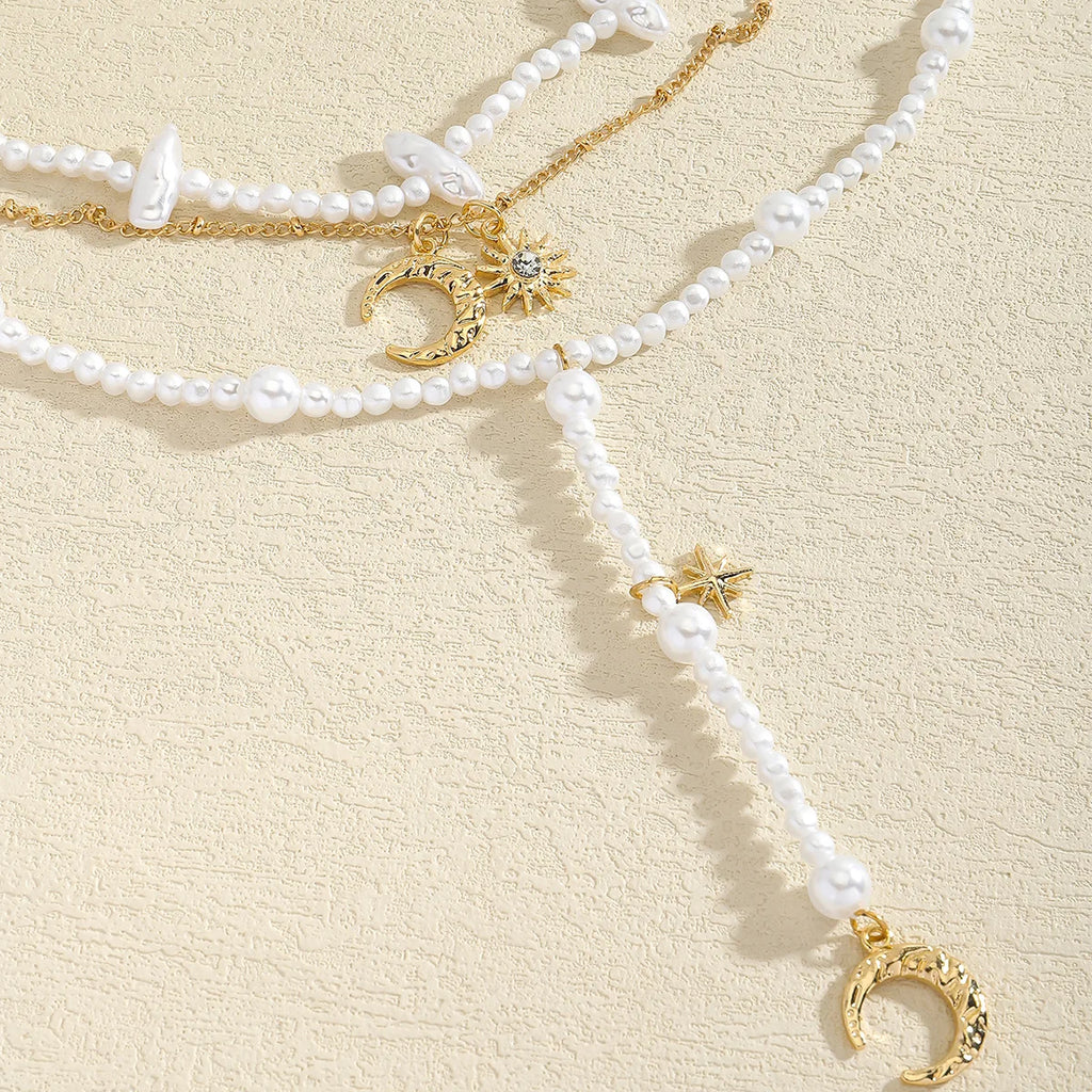 ZAA Multilayer Imitation Pearls Moon And Star Pendant Necklaces for Women Elegant Banquet Party Jewelry Gifts