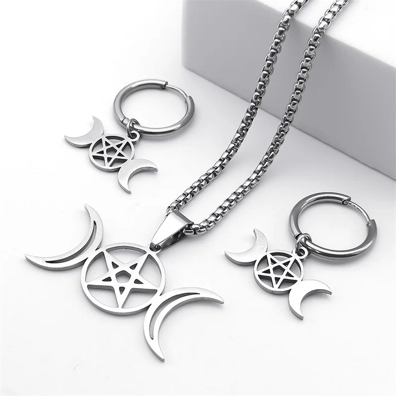 Stainless Steel Jewelry Set Triple Moon Goddess Pentagram Pentacle Necklace Women Men Ring Bracelet Earrings conjuntos de joyas