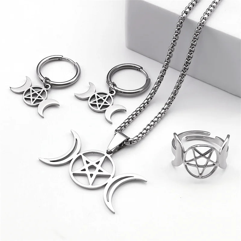 Stainless Steel Jewelry Set Triple Moon Goddess Pentagram Pentacle Necklace Women Men Ring Bracelet Earrings conjuntos de joyas