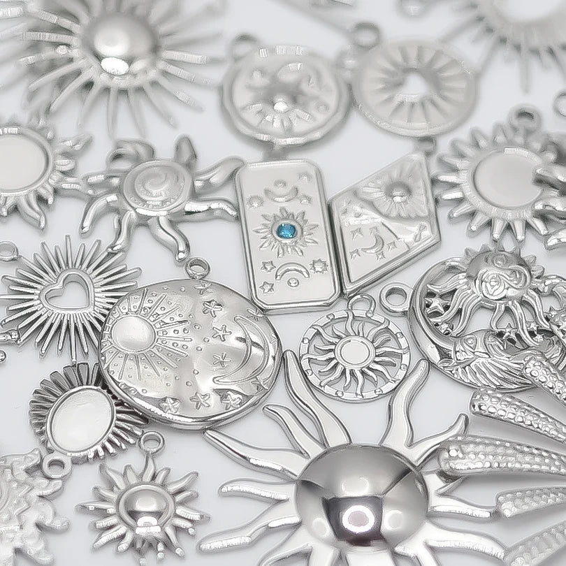 5pcs/Lot Sun Charm Round Blank Settings Stainless Steel Charms For Jewelry Making Supplies Breloques Diy Stone Crystal Oil Drip