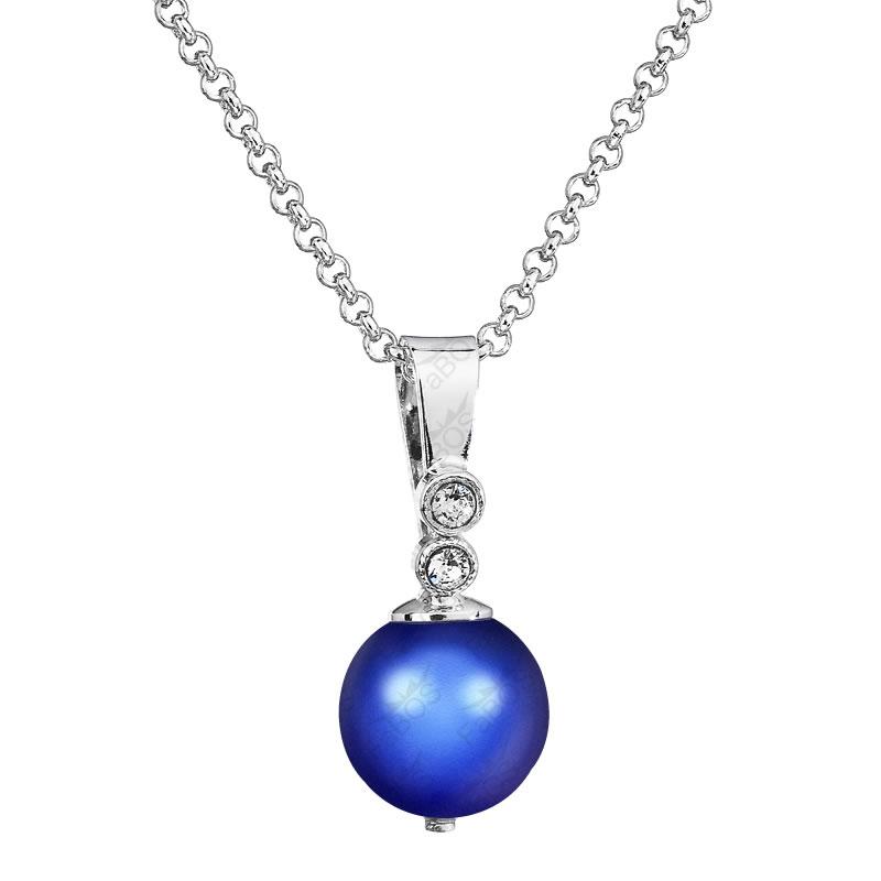 Dark Blue Pearl Necklace - Swarovski Crystal Rhodium Pendant