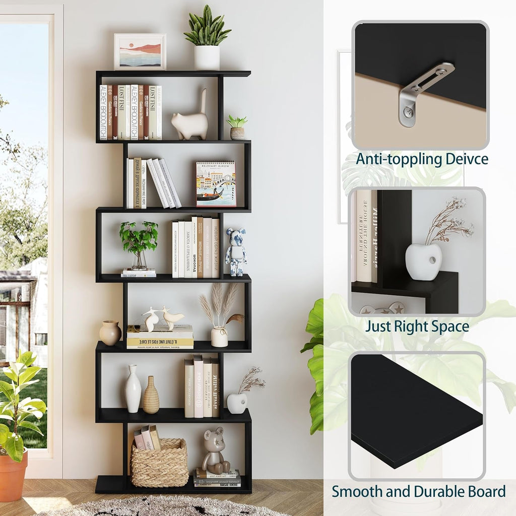 6-Tier Black S-Shaped Modern Geometric Bookshelf