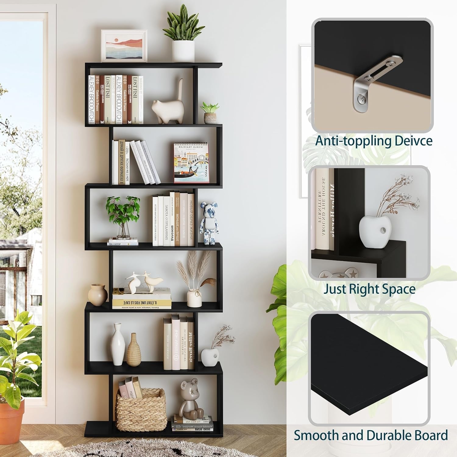 6-Tier Black S-Shaped Modern Geometric Bookshelf