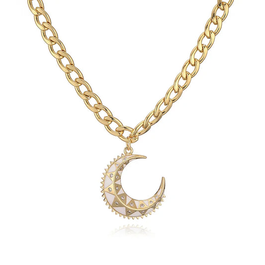 HECHENG,High Quality Punk Retro Hip Hop Cross Moon Pendant with Chunky Chain Unisex Metallic Pendant Necklace