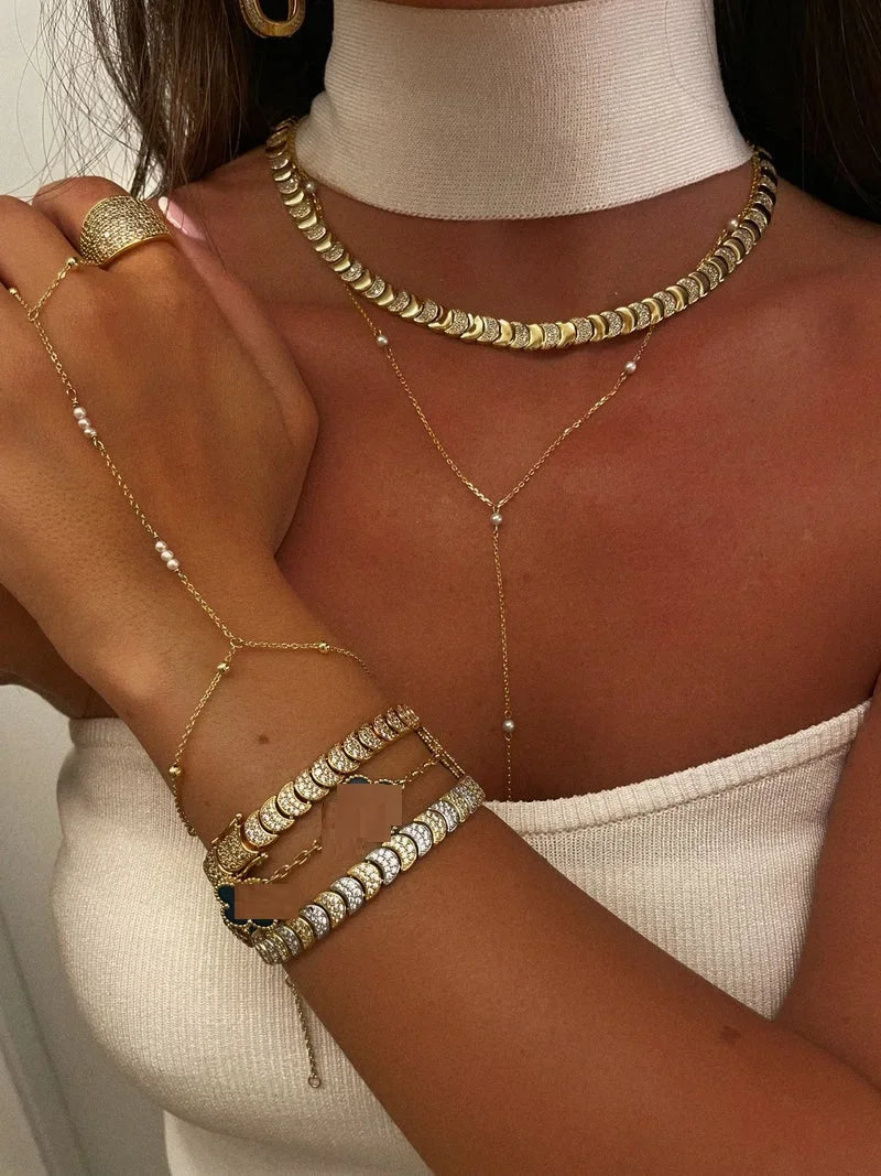 2025 New arrived Gold Color Delicate Bracelet Necklace Set Bling Bling Slippy Moon Link Moon Paved Mini Small CZ Party Jewelry