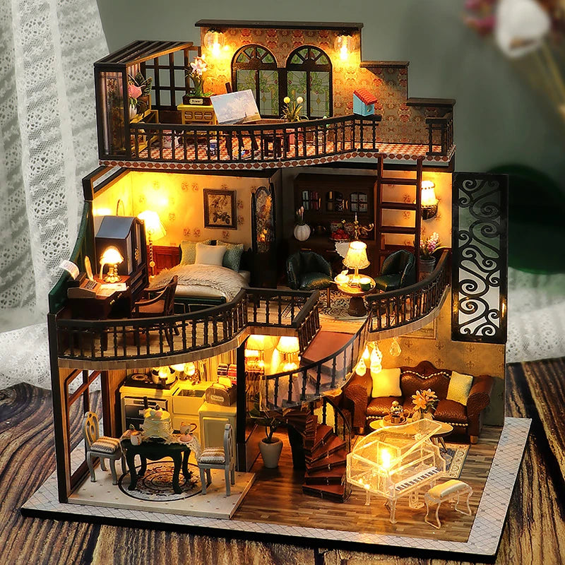 Wooden Doll House 3D Puzzle Assembly Building Model Kit Production Small Room Toys Home Bedroom Decoration With Furniture Light