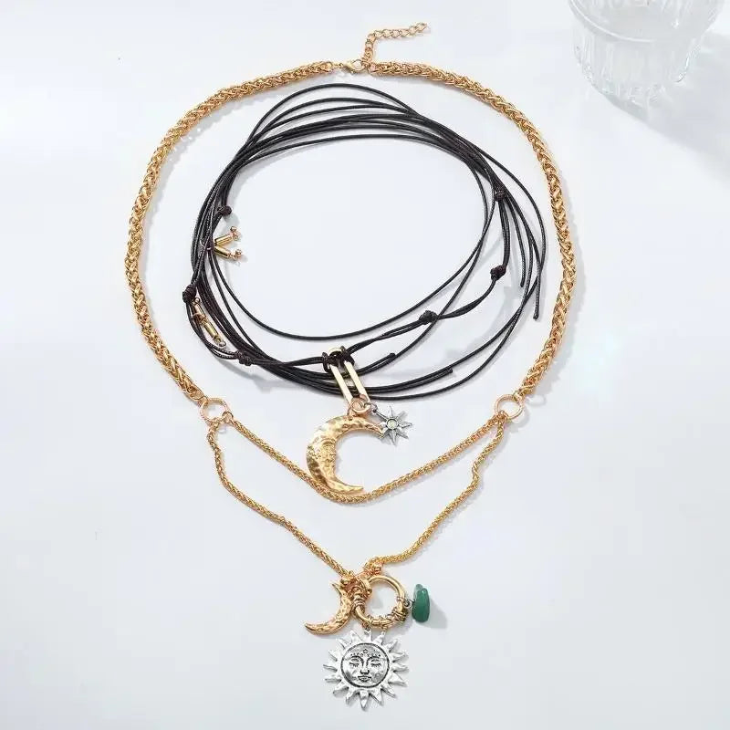 2Pcs/set Sun Moon Hand-woven Multi-layer Long Pendant Necklace For Women Vintage Statement Jewelry Holiday Party Accessories