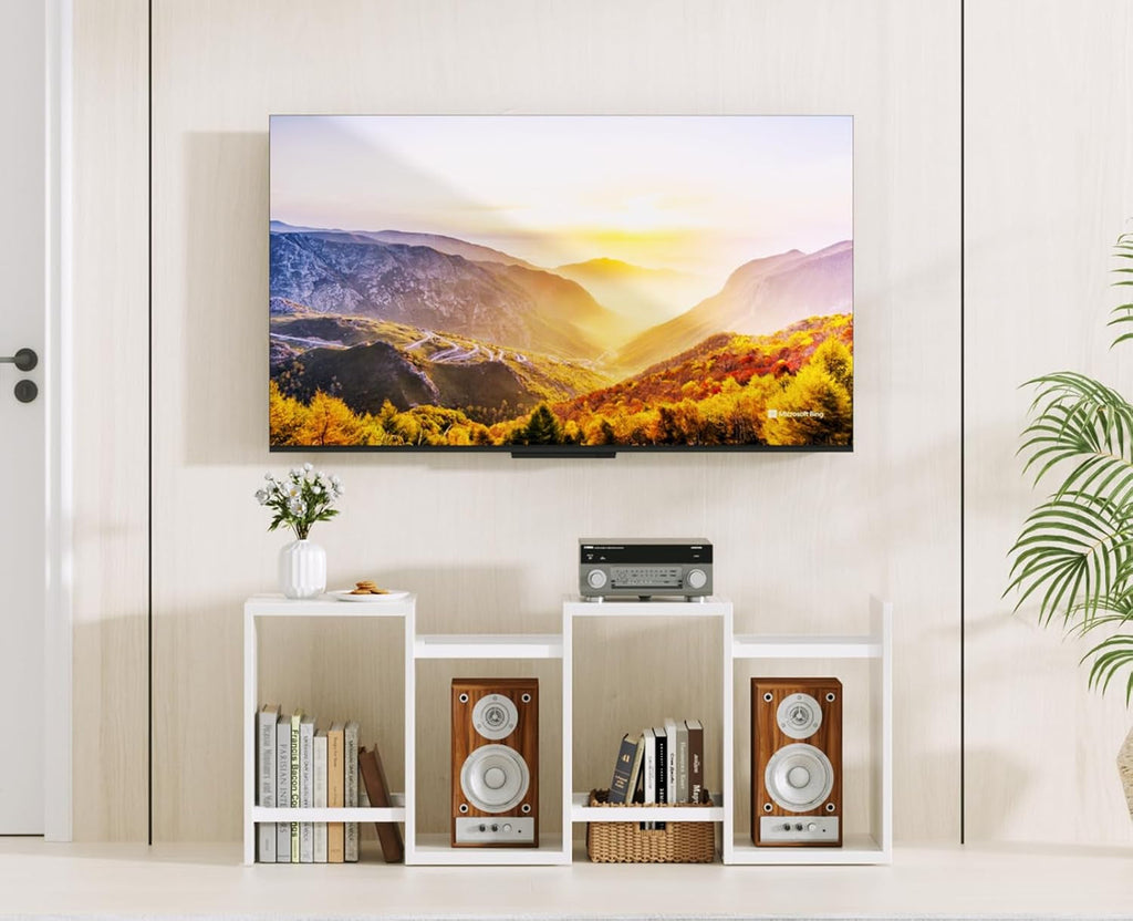 White Geometric Bookshelf with LED Light, 5 Tier S-Shaped Small