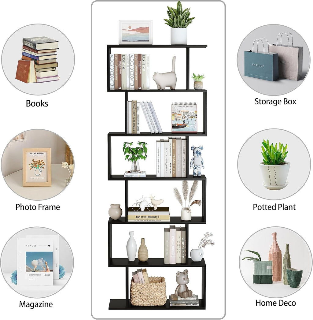 6-Tier Black S-Shaped Modern Geometric Bookshelf