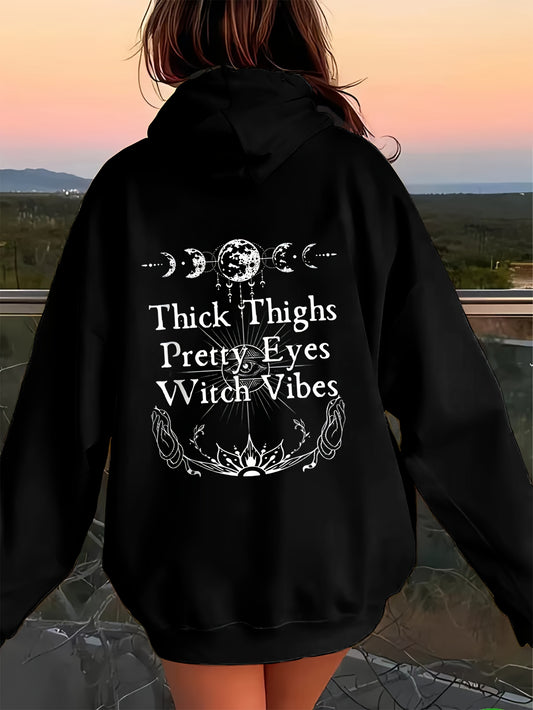 Women's Witchy Moon Phases & "Thick Thighs Pretty Eyes Witch Vibe" Graphic Hooded Sweatshirt - Gothic Lettering, Crescent Moon Print, Casual Pullover for Witchy Aesthetic, All-Season Comfort (Machine Washable), Everyday Outfi