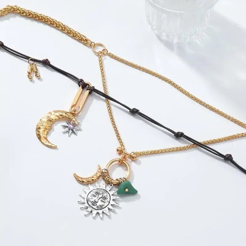 2Pcs/set Sun Moon Hand-woven Multi-layer Long Pendant Necklace For Women Vintage Statement Jewelry Holiday Party Accessories