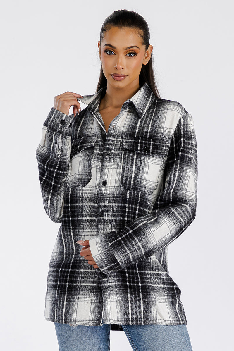 Womens Oversized Flannel Shacket FL504 With Button Closure Chest Pockets Brushed Soft Fabric Polyester Cotton