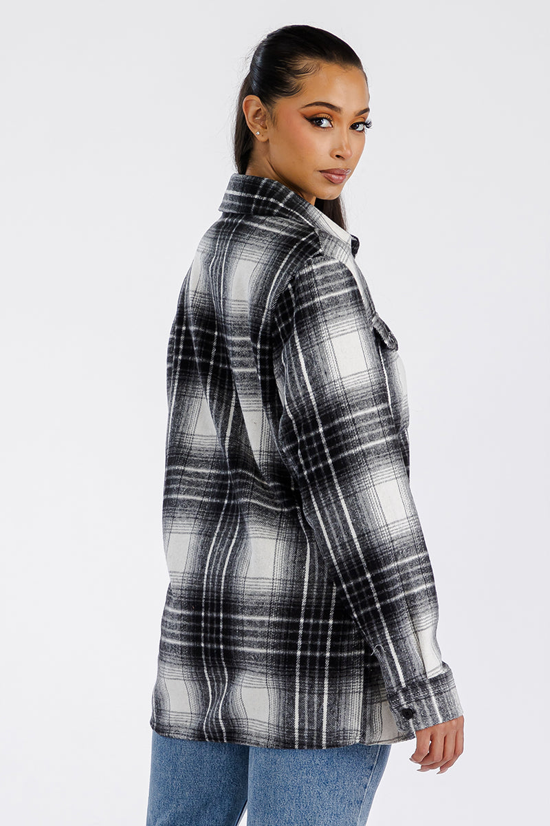 Womens Oversized Flannel Shacket FL504 With Button Closure Chest Pockets Brushed Soft Fabric Polyester Cotton