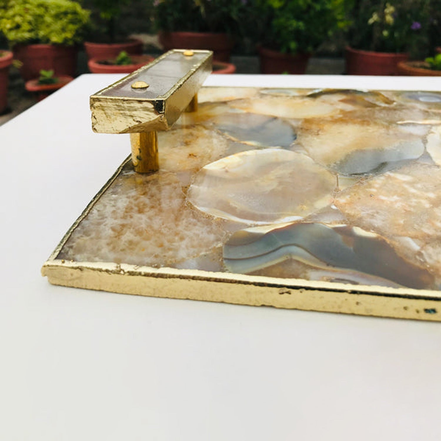 Brown Plated Agate Serving Tray With Clear Quartz Handles/Personalised