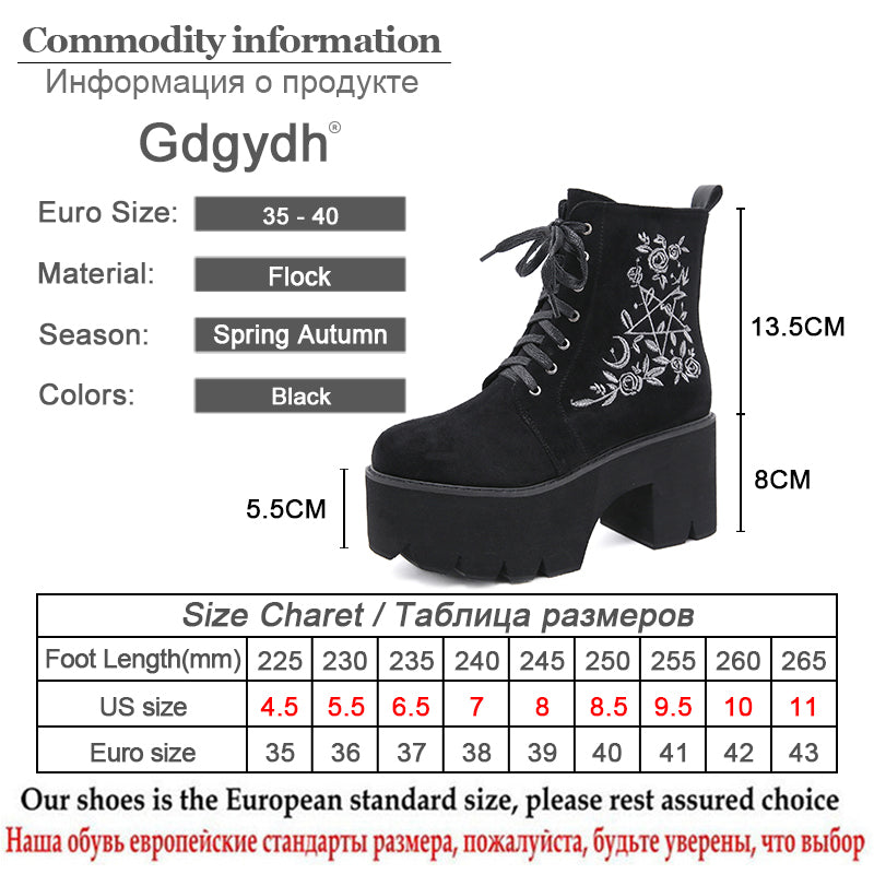 Gdgydh Fashion Flower Platform Boots Chunky Punk Suede Leather Womens