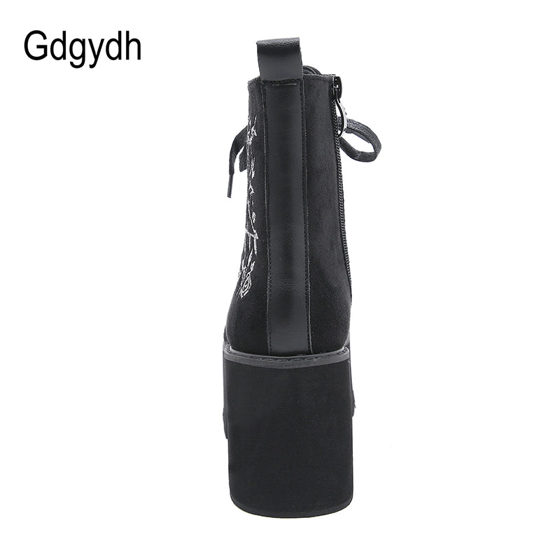 Gdgydh Fashion Flower Platform Boots Chunky Punk Suede Leather Womens
