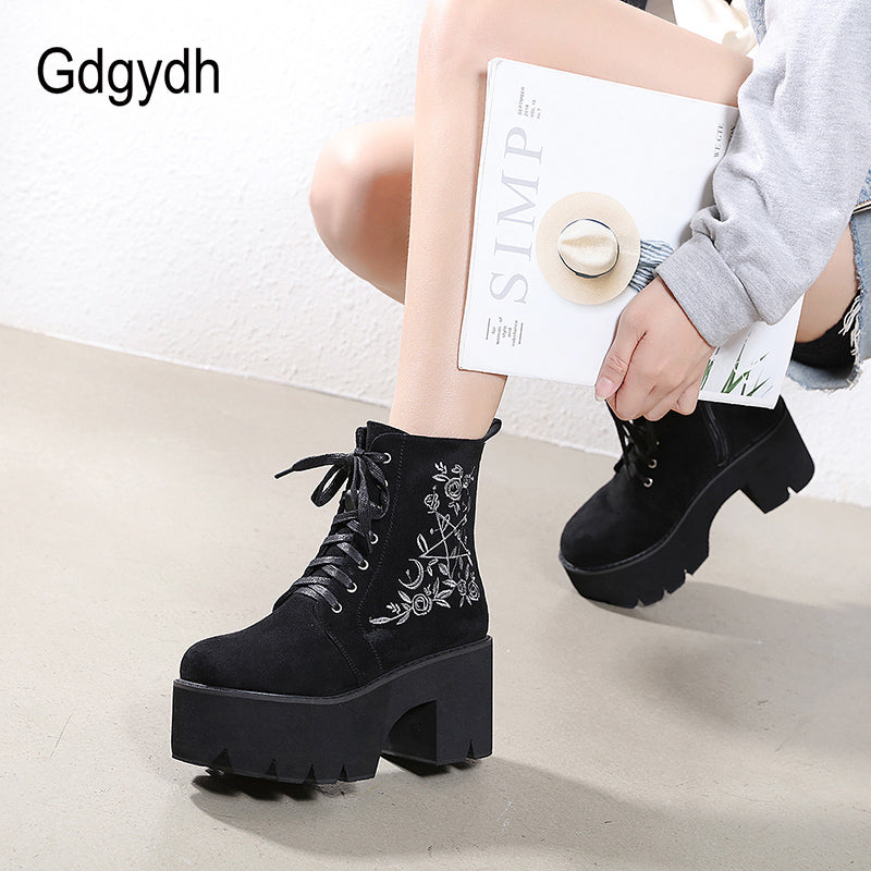 Gdgydh Fashion Flower Platform Boots Chunky Punk Suede Leather Womens