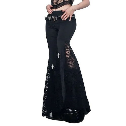 Goth Mall Flare Pants Sexy Black Lace Patchwork High Waist Vintage