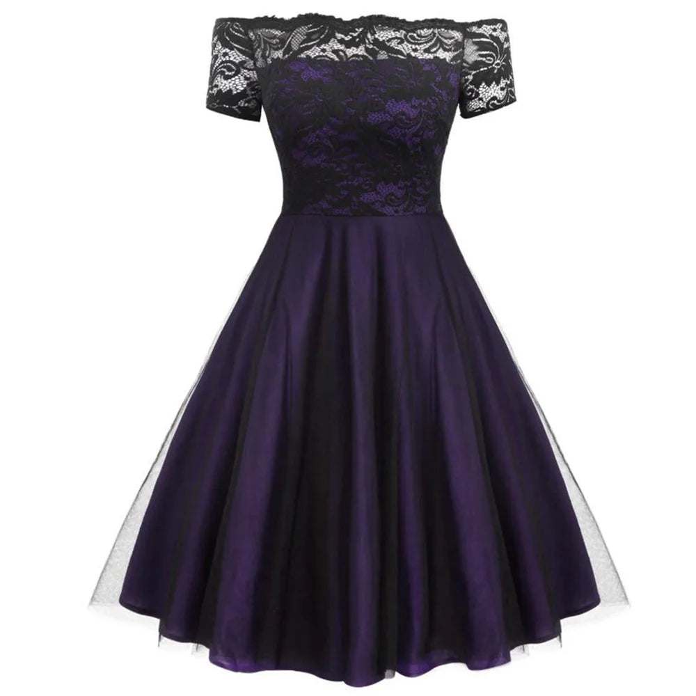 Women Vintage Lace Dress Formal Red Black Green Slash Neck Tulle Midi