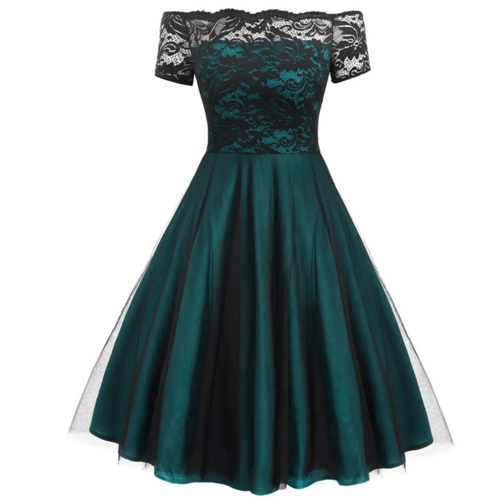 Women Vintage Lace Dress Formal Red Black Green Slash Neck Tulle Midi