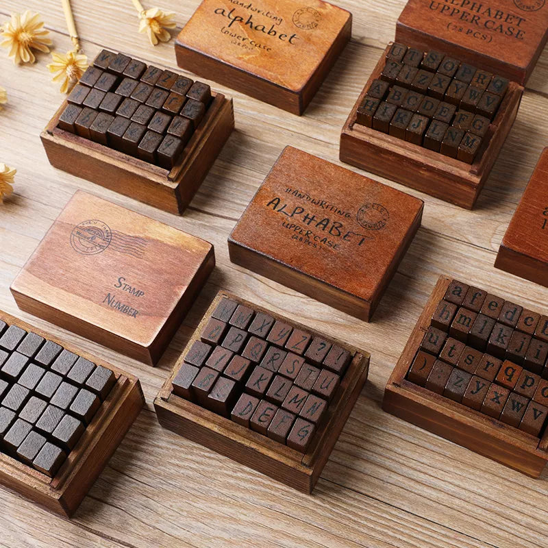 Yoofun 28pcs Alphabet Stamps Vintage Wooden Rubber Letter Standard
