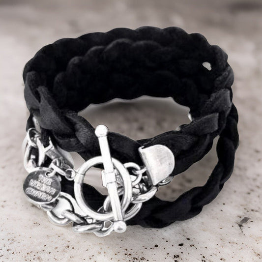 Silver Chain Black Braided Four Wrap Genuine Leather Bracelet by The