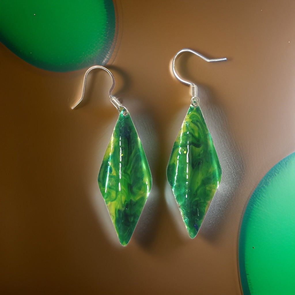 Green Yellow Marble Wavy Lures of Love Earrings