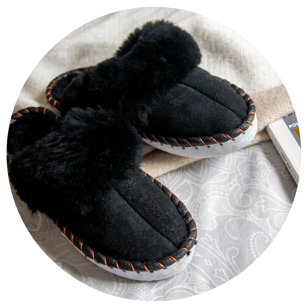 Black Shearling Sheepskin Mules For All Year Comfort With Natural Leather Trim Boho Gothic Slippers
