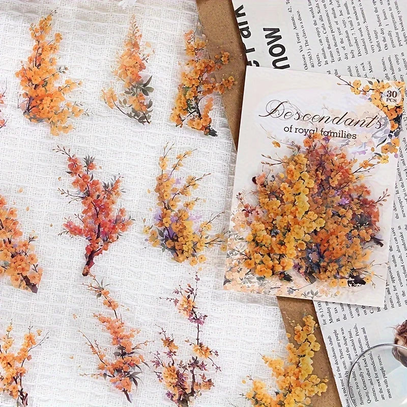 30 Piece Pack Vintage Plant Flowers PET Waterproof Stickers For DIY Crafts Scrapbooking