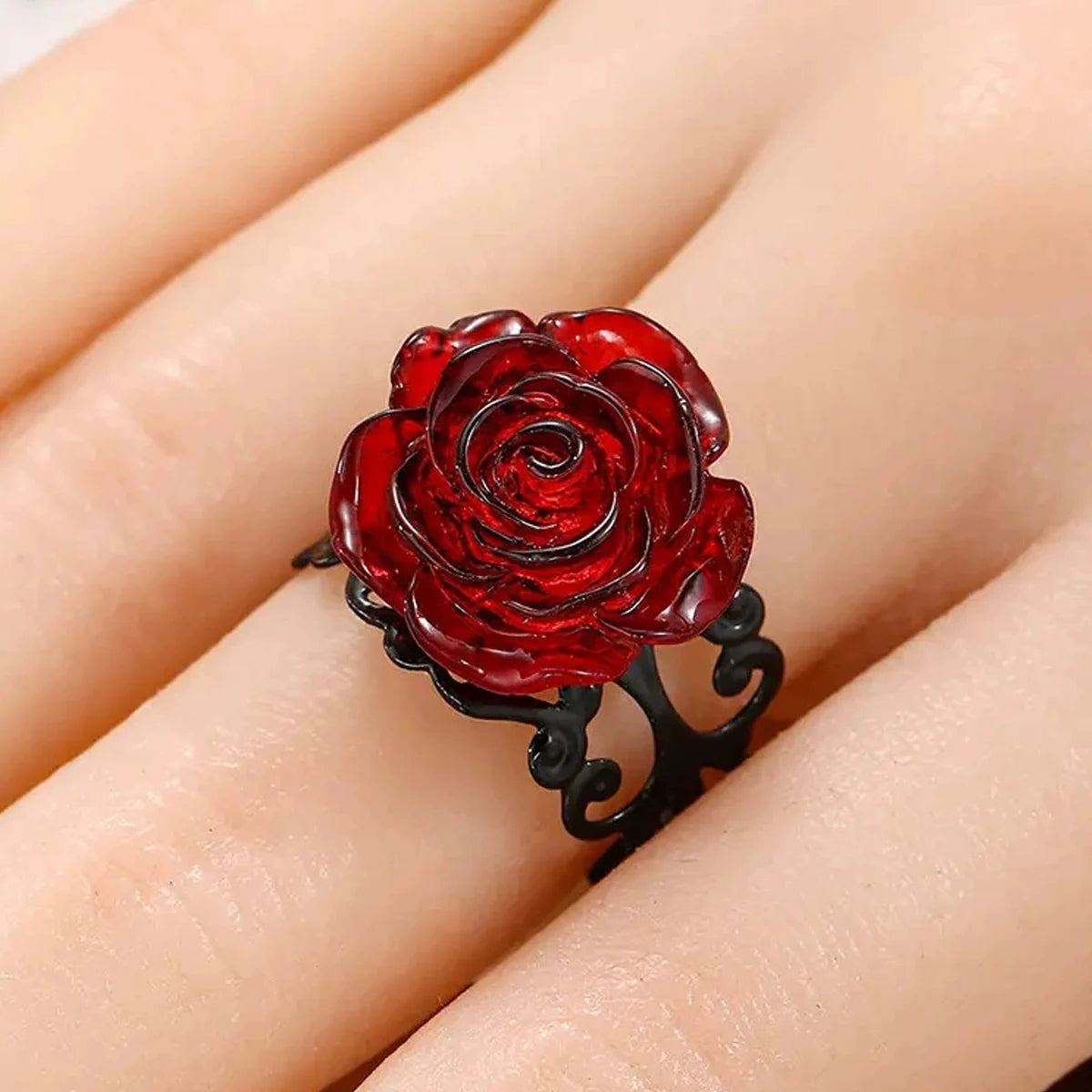 Punk Gothic Red Rose Ring Ornate Black Vine Witch Pagan Vintage