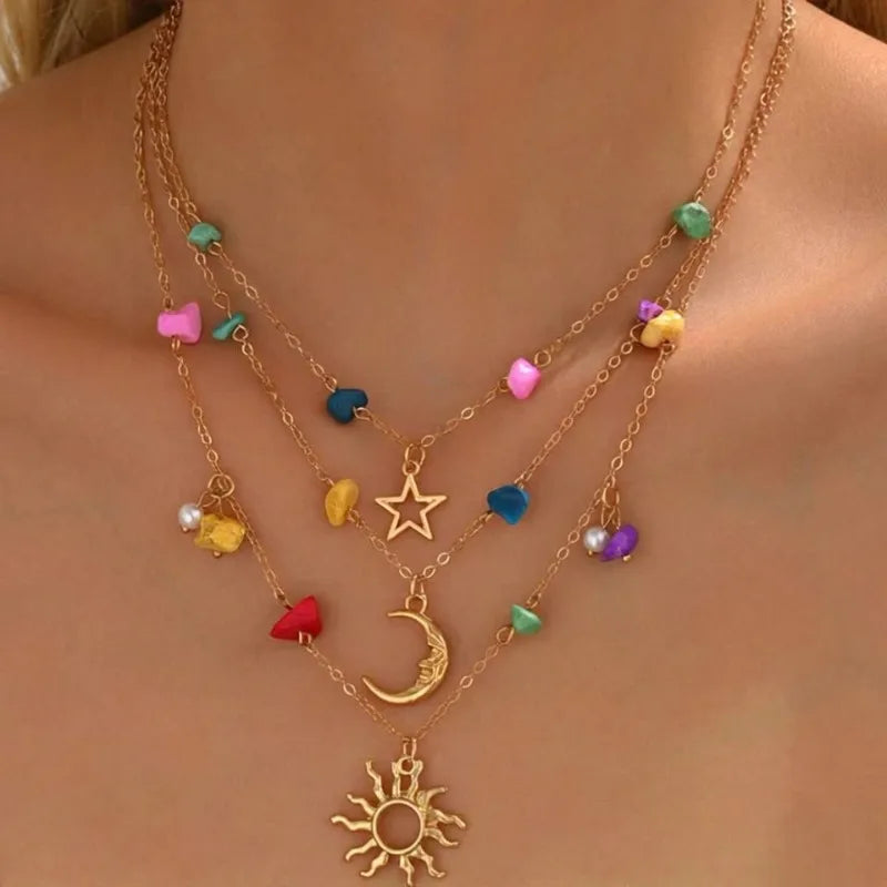 Bohemian Multi-Layer Gold Color Celestial Pendant Necklace with